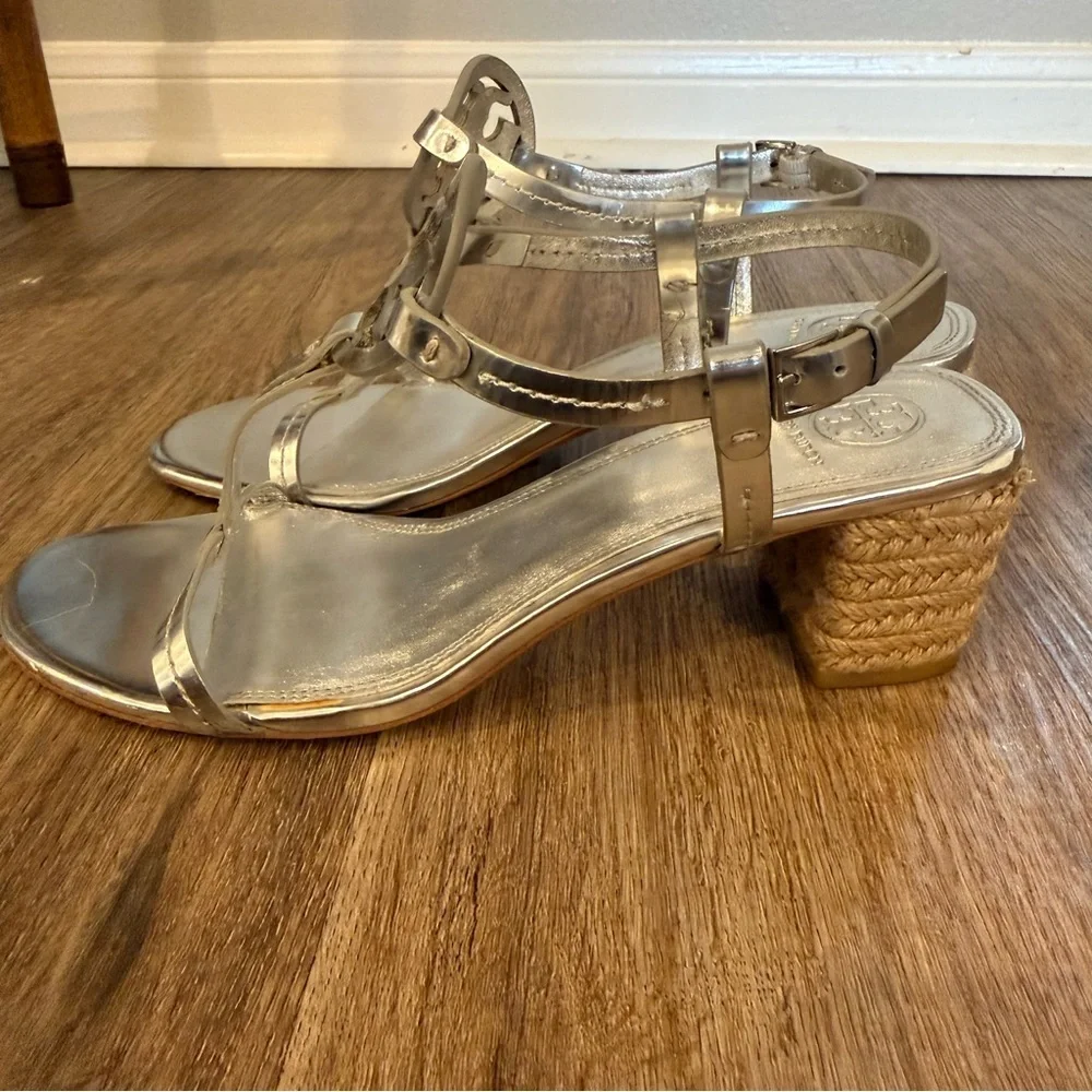 Tory Burch Women's Miller Silver Metallic Espadrille Block Heel Sandals Size 9